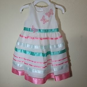Girls' White Dress with Pink and Green Accents
